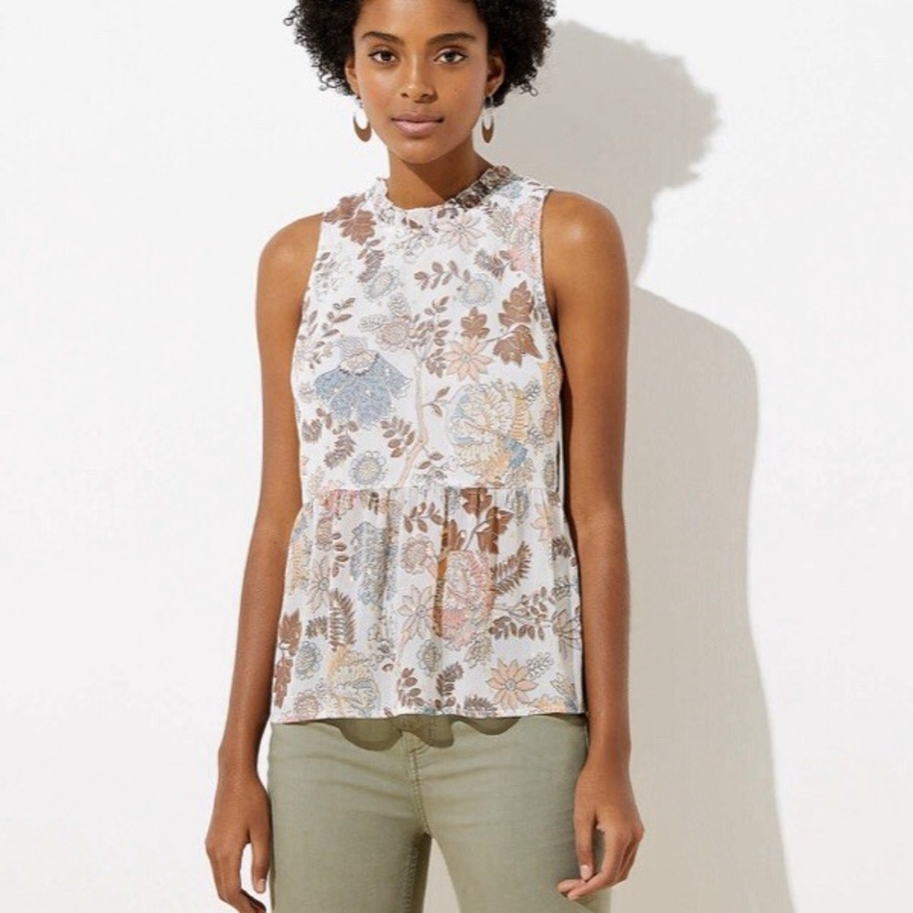 LOFT Shimmer Floral Tie Back Peplum Shell - Whisper White - Small